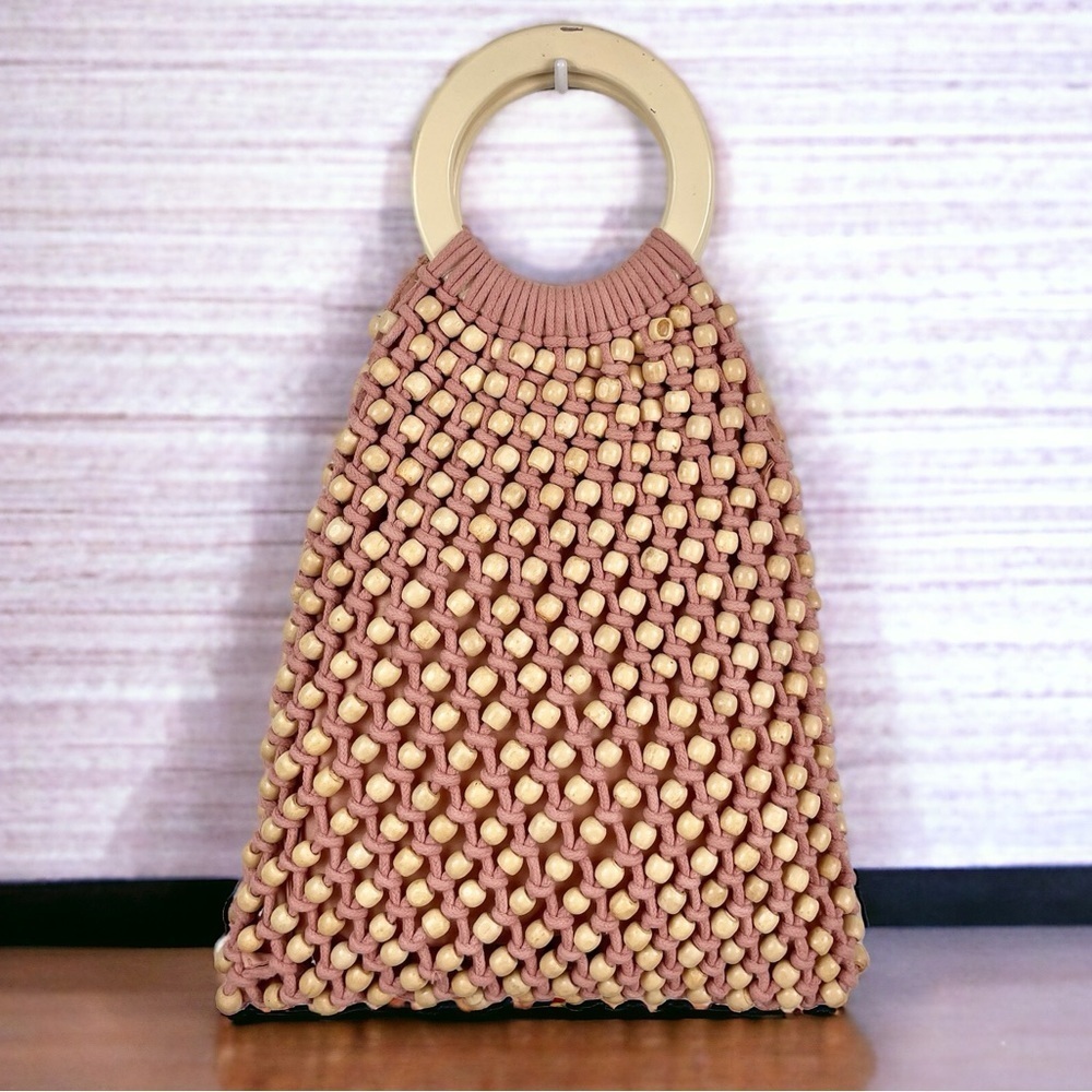 C&C California Pink Rope and Wooden Beaded Top Handle Bag
